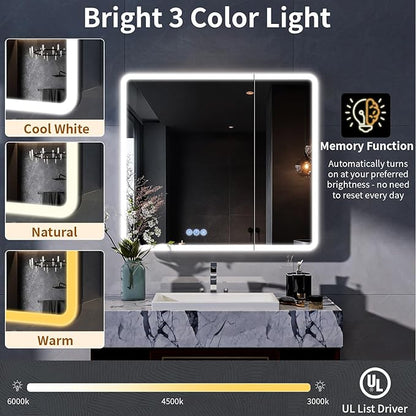 BEAUTYPEAK 36 x 32 LED Bathroom Medicine Cabinet Mirror, Adjustable Shelves