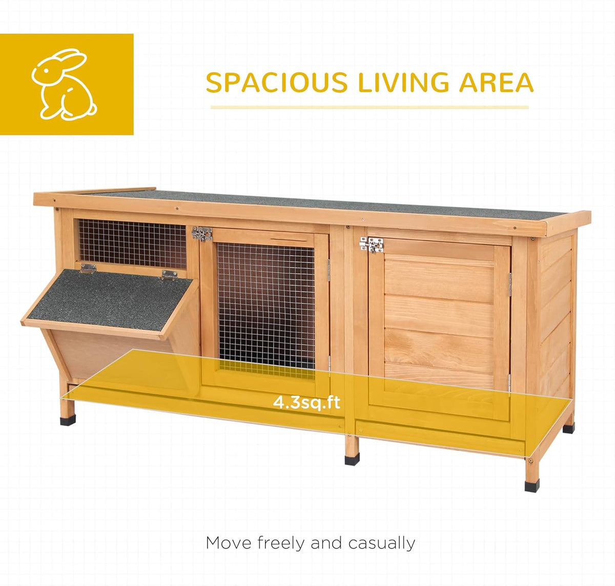 PawHut Wooden Rabbit Hutch Bunny Hutch Cage Guinea Pig with Waterproof Roof, No Leak Tray and Feeding Trough, Indoor/Outdoor, Natural