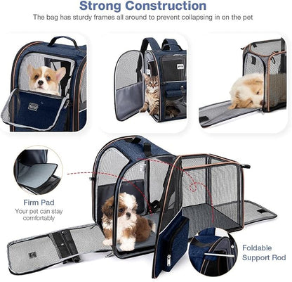 Extra Large Cat Backpack Carrier Expandable Pet Carrier Backpack for Small Dogs Medium Cats Fit Up to 18 Lbs, Dog Backpack Carrier, Foldable Puppy Backpack Carrier for Travel, Hiking,Blue