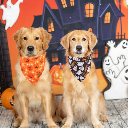 PTDECOR Halloween Dog Bandana, Reversible Holiday Pet Scarf, Multi Size, Triangle Puppy Halloween Bandanas for Extra Large Dogs Pets (Black & Orange, X-Large)