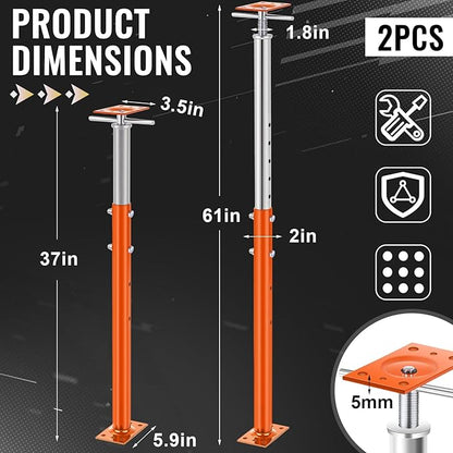 Yaocom 2 Pcs Adjustable Jack Post, 37"-61" Height Range, Basement Floor House Screw Jacks for Lifting Joist Beam Brace for Cellar Ceiling, Center Point Load Capacity 11023 Lbs, Orange