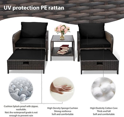 LEVELEVE Balcony Furniture 5 Piece Patio Conversation Set, PE Wicker Rattan Outdoor Lounge Chairs with Soft Cushions 2 Ottoman&Glass Table for Porch, Lawn-Brown Wicker（Black