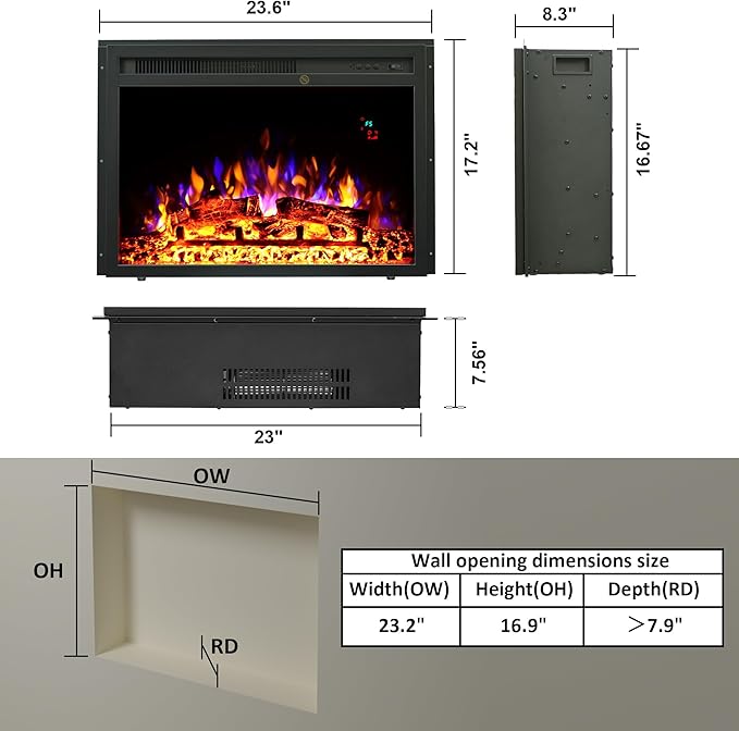 23.6 Inch Electric Fireplace Insert, Recessed Electric Fireplace Heater