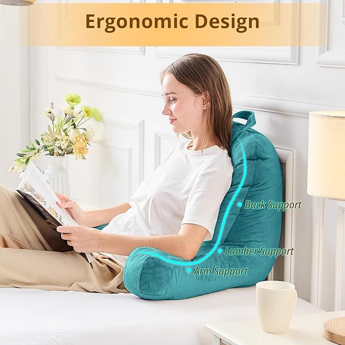 Sasttie Reading Pillow, Velvet Back Pillow for Bed Sitting Up, Adult Back-Rest Support Cushion with Arms for Sit Up on Couch, Sofa, and Floor, Dorm Essentials, Reading Accessories, Teal Blue