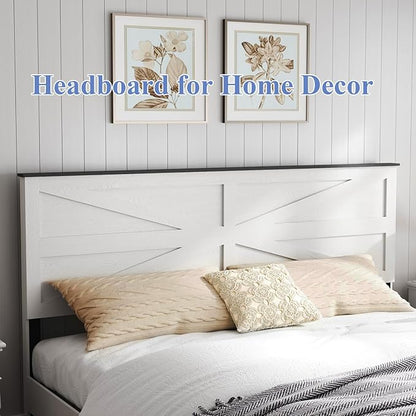Wooden Bed Frame King Size with Headboard, Farmhouse Platform Bedframe with Wood Slat Support, Sturdy Framework Bed Frame, Easy Assembly (Rustic White)