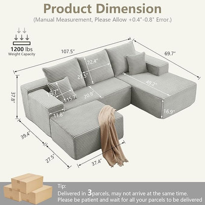 107" U-Shape Cloud Couch, Modern Modular Sectional Comfy L-Shape Sofa with Ottoman, Deep Seat, Upholstered Corduroy Sleeper Chaise Longue for Living Room Bedroom, No Assembly Required, Grey