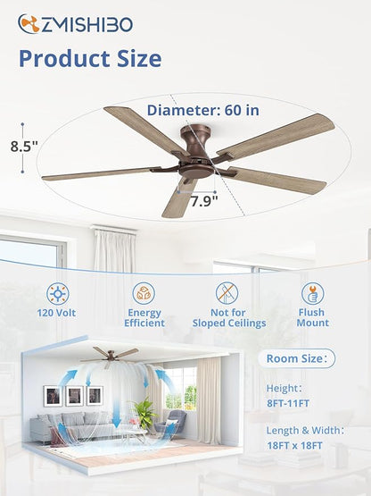 ZMISHIBO 60 Inch Ceiling Fan No Light, Flush Mount Low Profile, Farmhouse Brown