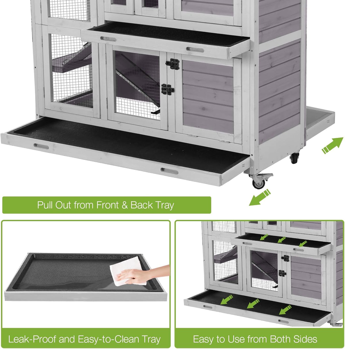GUTINNEEN Large Rabbit Hutch Indoor with Chew-Proof Ramp, 47" Wooden Bunny Cage Guinea Pig Cages with Casters, Leak-Resistant Trays for Rabbits, Guinea Pigs, Small Animals