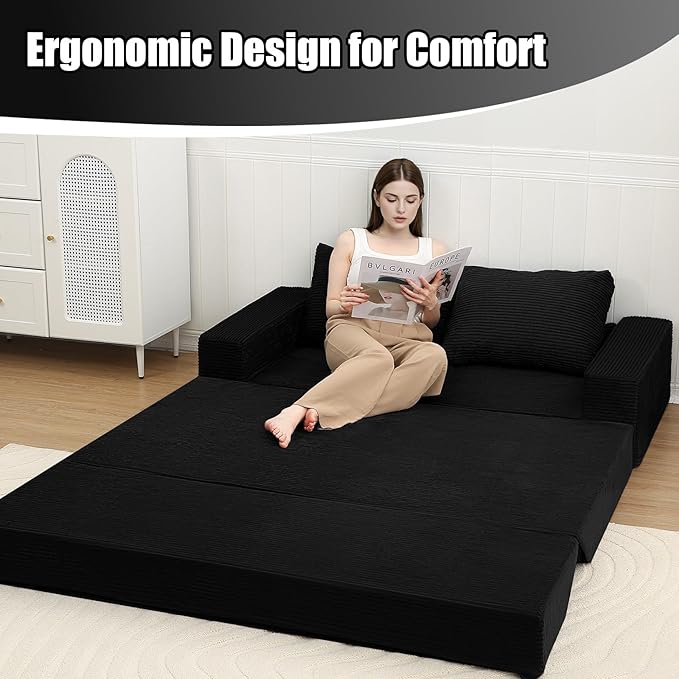 COMAX Convertible Sofa Bed Queen, Corduroy Folding Floor Couch Pull Out Couch Bed Futon Sleeper with Pillows, Fold Out Boneless Sofa Comfy Lounge Mattress Loveseat for Living Room Bedroom, Black