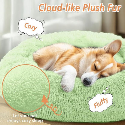 JOLLYVOGUE Calming Dog Bed for Small Dogs - 23 inches Donut Washable Small Dog Bed for Kittens & Puppies, Anti-Slip Round Fluffy Plush Faux Fur Cat Beds (Fits up to 25 lbs Pets, Light Green)