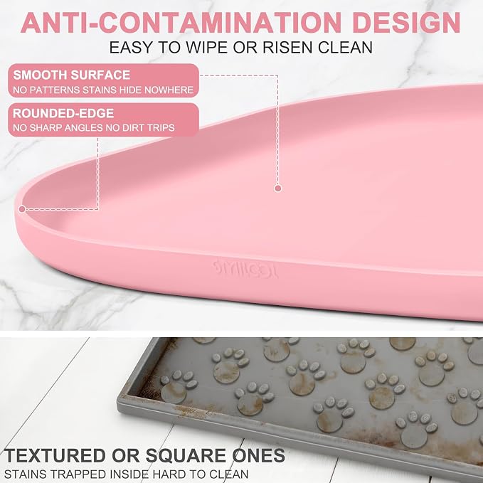 SMILOOL Waterproof Silicone Pet Food Mat with Raised Edge for Dog & Cat | 24" x 16" Non-Slip Pet Feeding Mats with Lip for Food & Water Bowl, Food Grade, Easy Cleaning, Sakura Pink