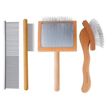 Ergonomic Slicker Brush for Long-Haired Dogs - Wooden Handle, Long Pins for Grooming Goldendoodles