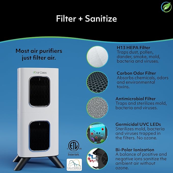 Air Oasis iAdaptAir 2.0 H13 HEPA Filter Air Purifier Reduces 99% of Viruses
