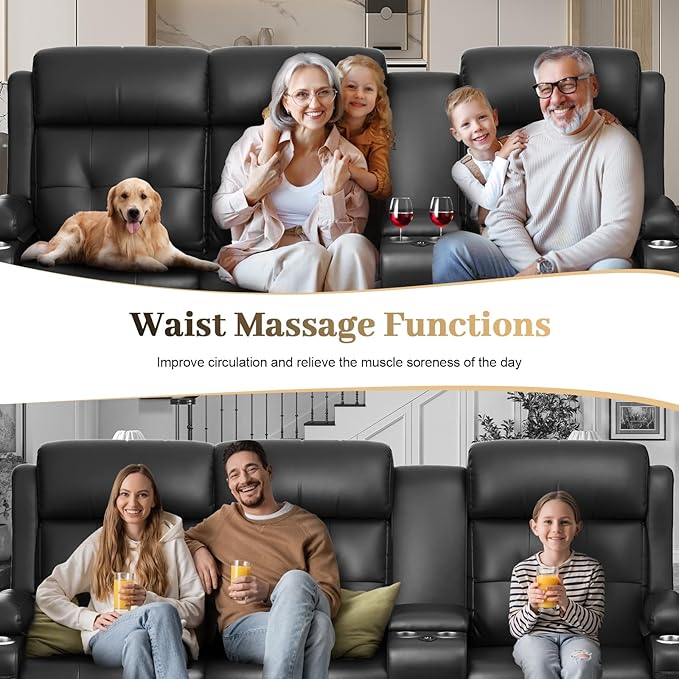 Recliner Sofa, 3 Sets of Massage Reclining 3 Seater Sofa Sets Heavy Weight Capacity, RV Loveseat Couch Clearance with Console, USB, Type C Port, Storage, Cup Holders, Wall Hugger Chair for Living Room