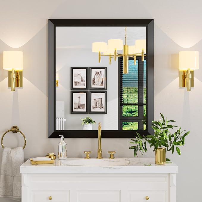 Amorho Black Bathroom Mirror, 36x32 Inch Thick Metal Framed Wall Mirrors