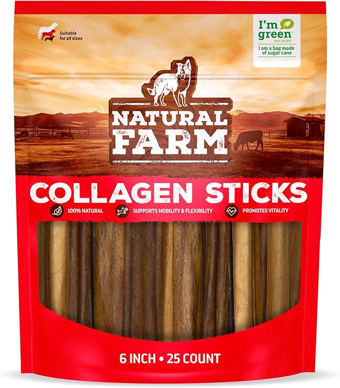 Natural Farm Collagen Sticks for Dogs (6 Inch, 25 Pack), Odor-Free Long Lasting Chews & Rawhide Alternative - 95% Collagen, Low Fat, High Protein - Best Dental Dog Treats - Medium & Large Dogs