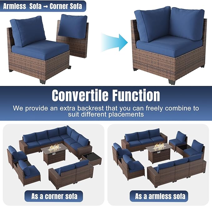 Aoxun 13 Pieces Patio Furniture Set with 44” Fire Pit Table Wicker Rattan Outdoor Sectional Conversation Set with Coffee Table and 4” Thickened Cushions, Blue(Waterproof Cover Included)