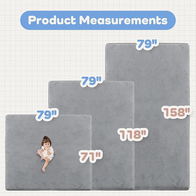 PAPAMAT 1.3" Thick Baby Floor Play Mat 79x118, Basic Padded Foam Mat for Tummy Time Crawling, Non Slip Cushioned for Babies Toddlers Infants Kids (Light Grey)