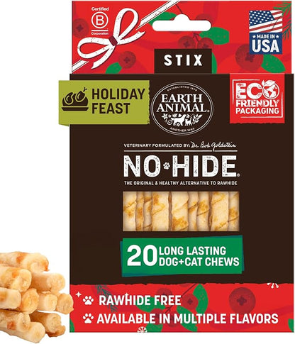 Earth Animal No Hide Stix - Long Lasting Rawhide Free Small Dog Chews Sticks, Holiday Feast - 20 Count Value Pack