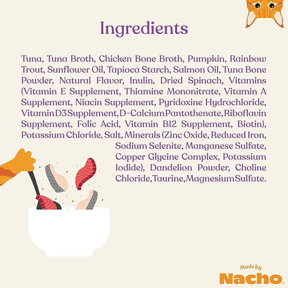 Made by Nacho Flaked Filets Recipe in Bone Broth, Grain-Free Chef's Selects Wet Food for Cats Balanced Diet in Naturally Hydrating Pumpkin-Infused Broth (3.0 oz (Pack of 12), Tuna & Rainbow Trout)