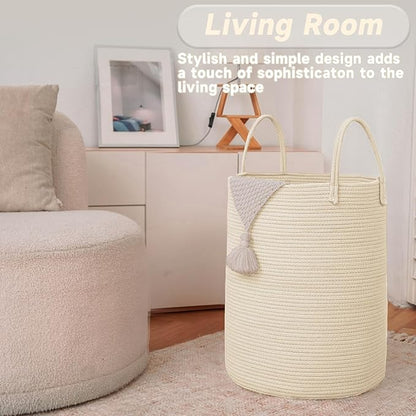 Large Woven Laundry Basket Hamper,100L Cotton Rope Storage Bin for Blankets,Toys and Clothes,Decorative Tall Nursery Hamper for Living Room,Baby Nursery,Bathroom and Bedroom,Beige