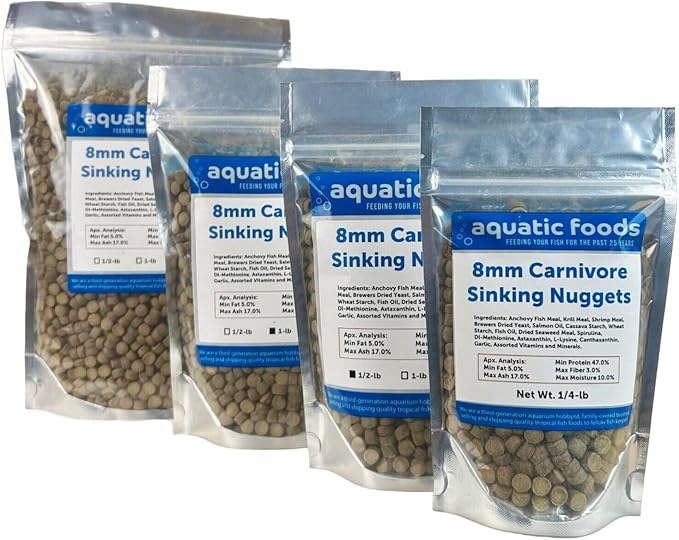 Aquatic Foods Inc. 8mm - 5/16" Carnivore Sinking Pellets for Carnivore Cichlids, Catfish, Monster Fish, Bottom Fish, All Large Fish, Also Koi & Pond Fish. - WL…1/4-lb Foil Pouch Bag
