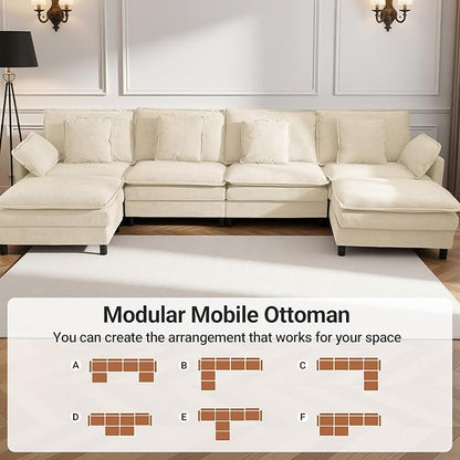 Claiks 148" Modular Sectional Sofa, Cloud Couch with Ottoman, U-Shaped 6-Seater Sofa in Chenille Fabric, Deep Seat Comfy Couch with Pillows for Living Room & Offices, Beige