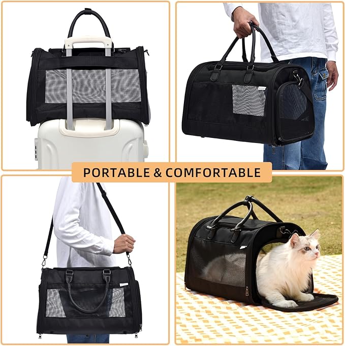 PET MARVEL Cat Carrier Soft Sided for Small Medium Cats Puppy up to 15 Lbs, Airline Approved Mesh Pet Travel Bag, Breathable Bite-Resistant Fabric with Removable Washable Mat