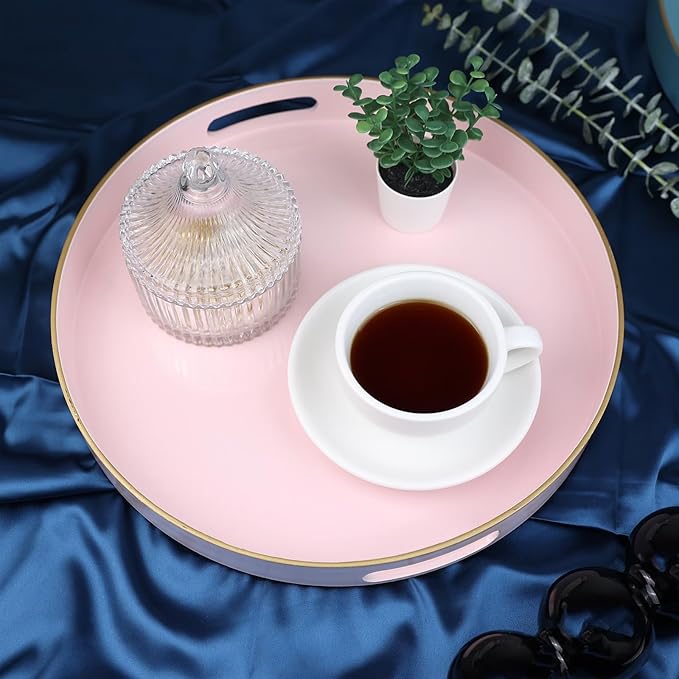 Pink Round Decorative Tray with Handles, 13" Elegant Coffee Table Serving Tray for Ottoman Living Room, Bathroom, Outdoors, Breakfast
