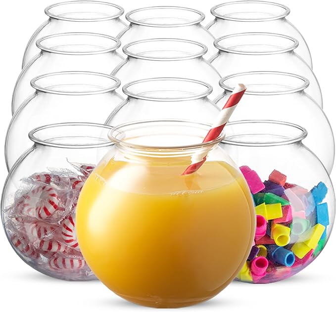 JoyServe 16 Oz Plastic Fish Bowl (12 Pack) 4 Inch Heavy Duty Plastic Ivy Bowls, for Candy, Carnival Games, Prizes, Centerpieces and Party Decoration Supplies, BPA-Free