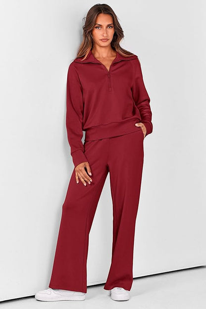 PRETTYGARDEN Women's 2 Piece Outfits Casual Lapel Half Zip Sweatshirts and Wide Leg Pants Tracksuit Sets