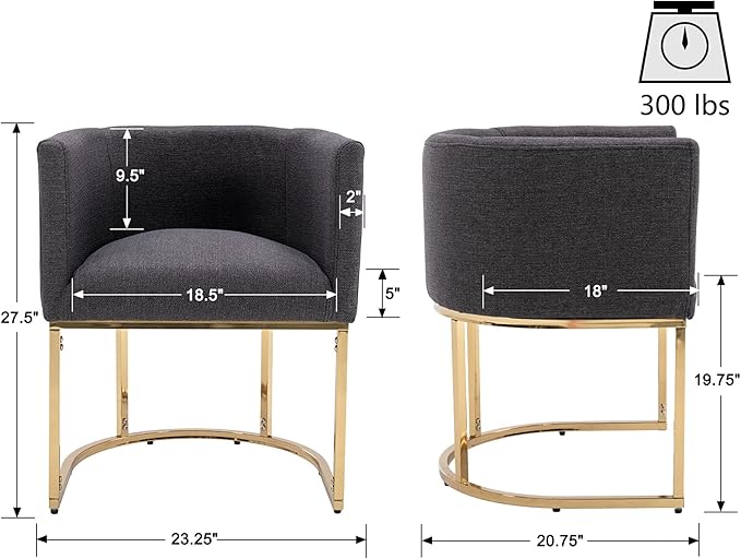 VESCASA Linen Upholstered Dining Chairs with Barrel Back, Mid Century Modern Padded Restaurant Chairs with Gold Metal Frame for Kitchen, Dining Room, Set of 3, Charcoal
