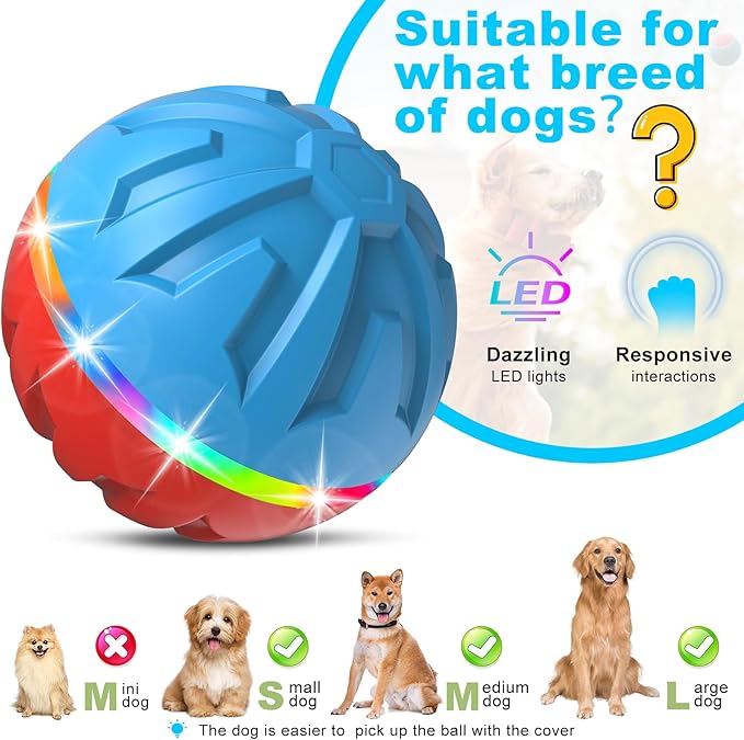 Dog Toys Dog Ball, Durable Motion Active Rolling Balls with Remote Control LED Light, Rubber Peppy Pet Balls for Medium Large Dogs, USB Rechargeable, 3.2-in Diameter (RedBlue)