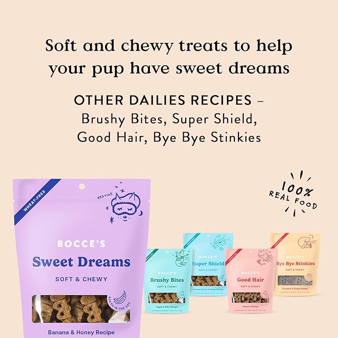 Bocce's Bakery Dailies Sweet Dreams Dog Treats for Bedtime Support, Wheat-Free Dog Treats, Made with Real Ingredients, Baked in The USA, All-Natural Soft & Chewy, Banana & Honey, 6 oz