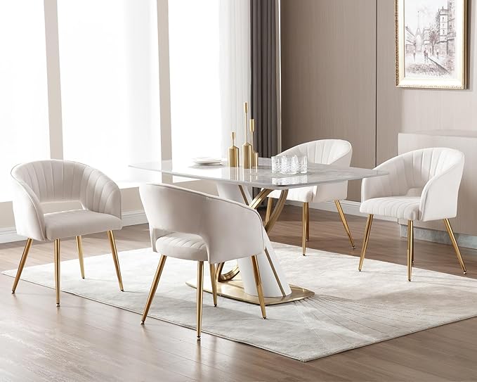 KCC Modern Accent Dining Chairs, Set of 6, Velvet Dining Chairs with Tufted Hollow Back & Gold Metal Legs for Living Room, Dining or Restaurant - Cream