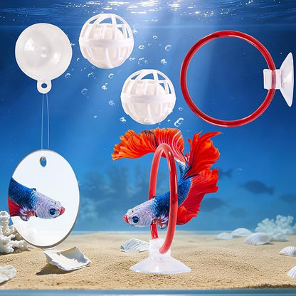 Betta Fish Toys, 2 PCS Fish Exercise Ring and Nitrifying Balls Set, Betta Mirror Toy Set, Feeding Ring with Suction Cup, Fishing Tank Accessories for Gifts (Red)