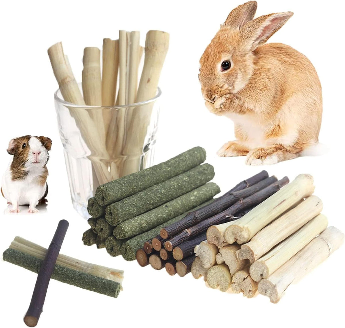 600g Guinea Pig and Rabbit Chew Toys - Sweet Bamboo and Timothy Apple Sticks for Healthy Teeth and Relaxation - Natural and Safe Guinea Pig Chew Toys