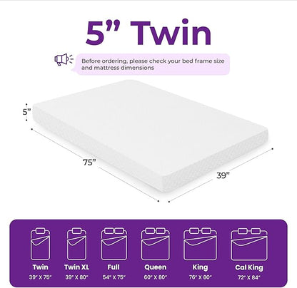 GAESTE 5 Inch Twin Cooling Gel Memory Foam Mattress Medium Firm Pressure Relief CertiPUR-US Certified Foam, Mattress in a Box Comfortable and Supportive No Fiberglass (Twin, 5 in)