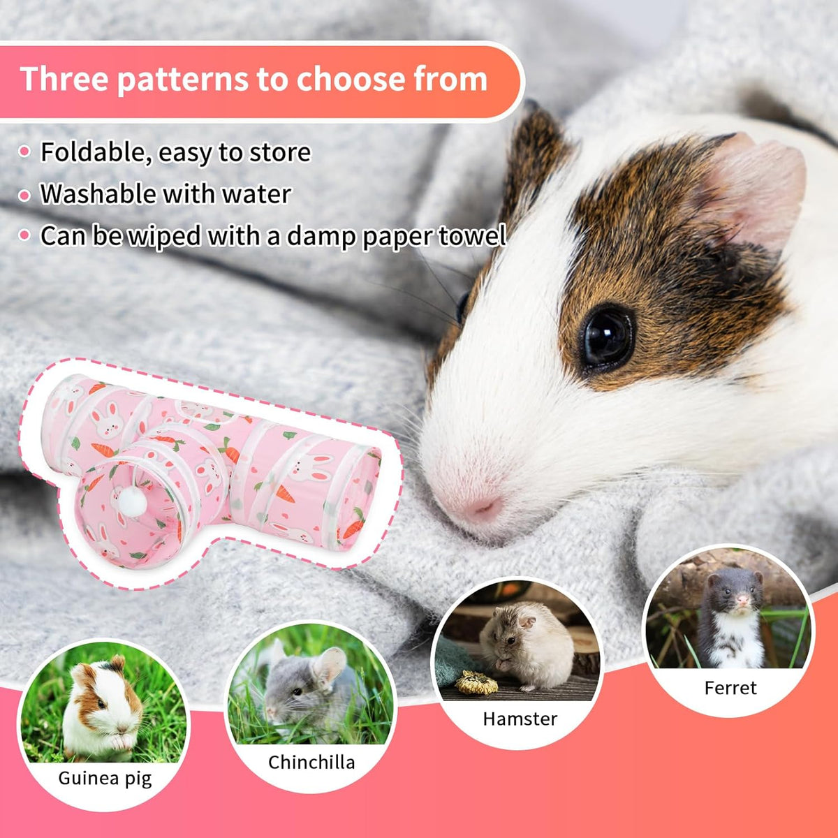 Rypet Guinea Pig Tunnel 3 Way Collapsible Small Pet Tunnels and Tubes with Interactive Ball for Baby Rabbit Ferret Hamster Chinchilla Hedgehog Hiding and Resting-Pink