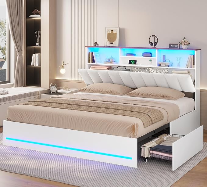 AOGLLATI King Size Bed Frame with 4 Storage Drawers, White King Bed Frame Wood with Charging Station (Type-C and USB), Led Light and Hidden Bookcase Headboard, White