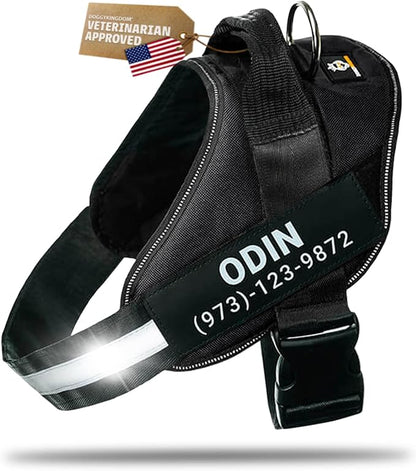 Personalized Dog Harness with Custom Name Patches, Adjustable Reflective No Choke Dog Vest with Handle for Large Dogs, Black, L