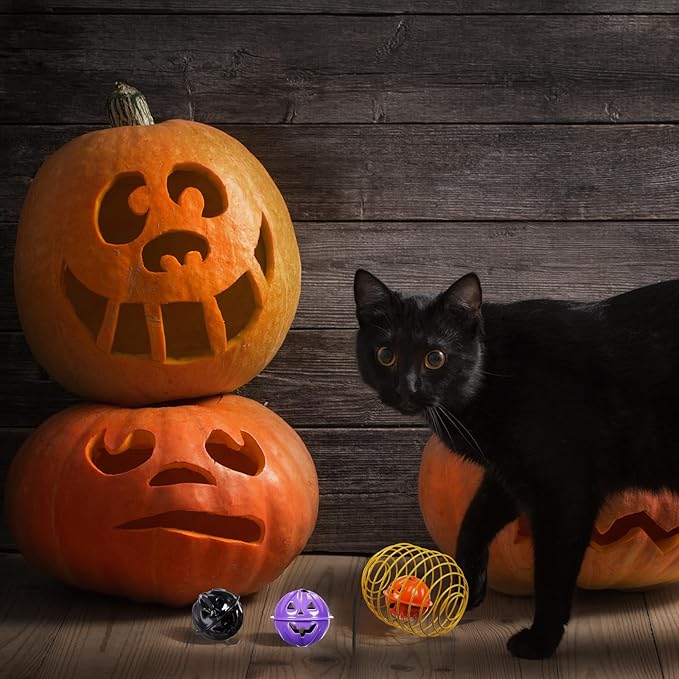 Jecery 5 Pcs Halloween Cat Spring Balls Toys Stretchable Rolling Balls Colorful Playful Coils Interactive Spring Action Toy Caged Rats for Kitten Cat Pet Supplies(Bell,Halloween Colors,5 Pcs)