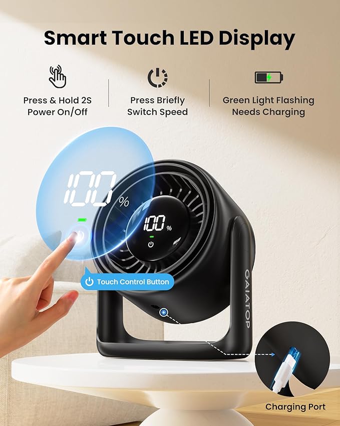 Gaiatop Desk Fan with Touch Control, 4000mAh Battery, 5 Speeds Ultra Quiet