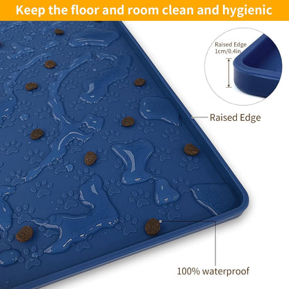 Ptlom Pet Placemat for Dog and Cat, Waterproof Non-Slip Silicone Feeding Bowl Mat Prevent Food and Water Overflow, Puppy Dish Feeder Fountain Trays Suitable for Medium and Small Pets, Navy Blue