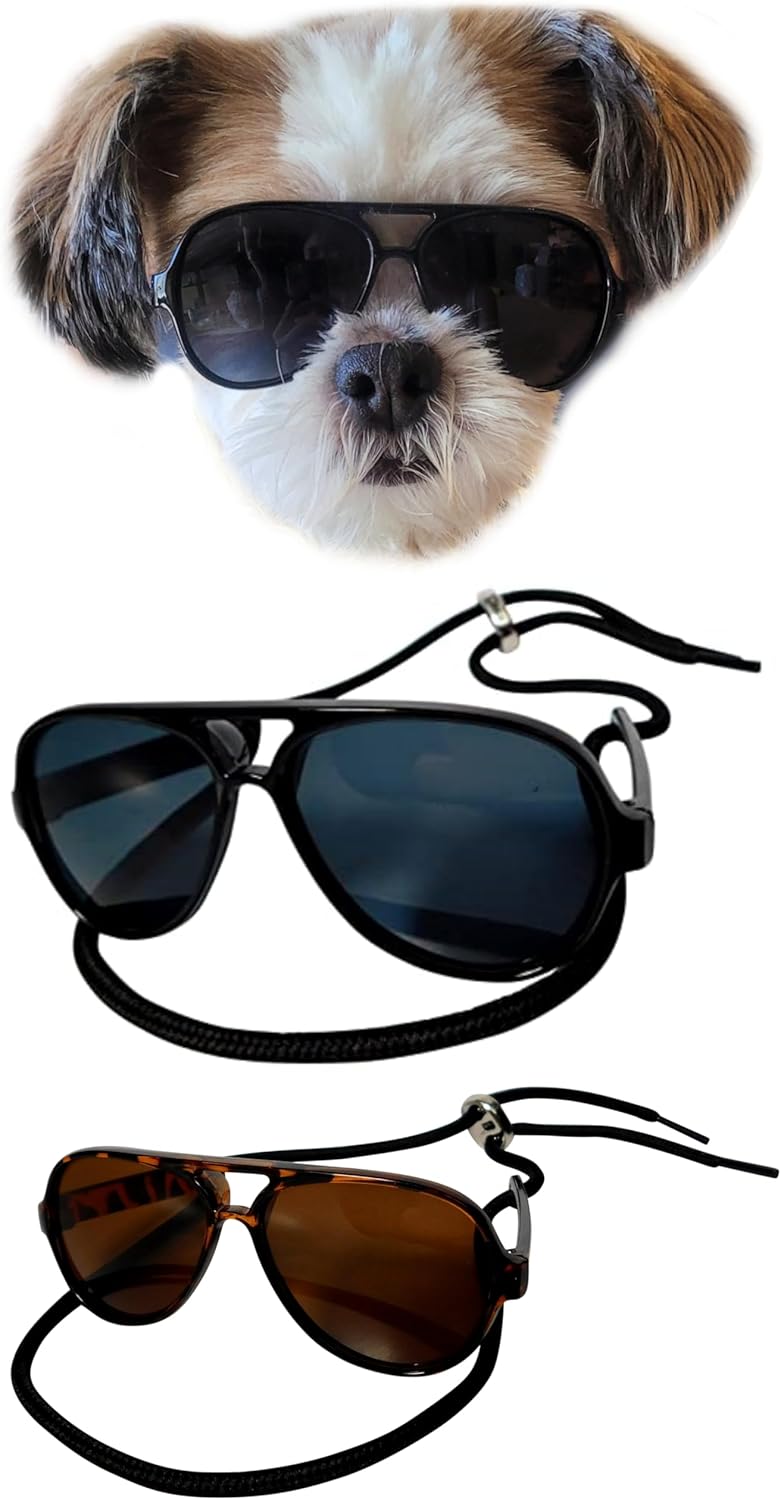 G029 Dog Cat Pet Aviator Pilot Sunglasses Glasses for Small Breeds up to 15lbs (2-Pack Black + Tortoise Brown)