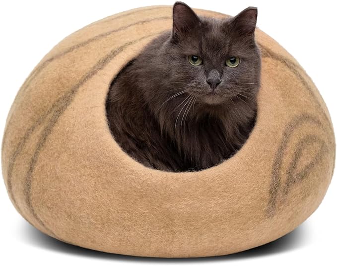 MEOWFIA Cat Cave – Premium Felt Cat Bed for Indoor Cats, Handmade 100% Merino Wool (Beige, Large)