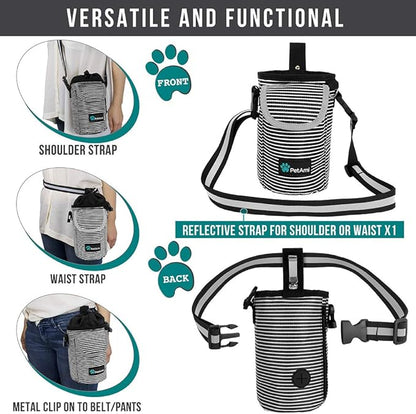 PetAmi Dog Treat Pouch, Large Pet Training Treat Pouch with Pocket, Dog Trainer Essentials Supply Holder with Poop Bag Dispenser, Training Bag for Kibbles Toys, 3 Ways to Wear (Stripe Black)