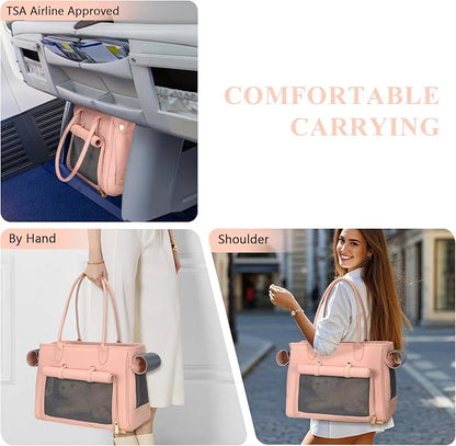 Minsong Fashion Pet Carrier Purse for Small Cat and Dog, Luxury Pu Soft-Sided Tote Bag with Large Pockets for Dogs and Puppies (Pink, 15.8" L x 7.5" W x 11.8" H)