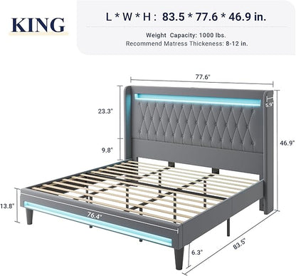 Allewie Upholstered King Size Platform Bed Frame with LED Light and Charging Station, Button Tufted High Headboard, Wingback Design, Noise Free, Easy Assembly, No Box Spring Needed, Grey