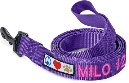 Pawtitas Personalized Dog Leash Embroidered Customize with Your Pet Name & Phone Number Puppy 6 ft Long Medium Large Purple Custom Engraved, Customized M/L (Pack of 1)